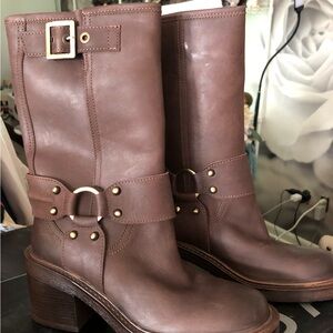 Aqua Brown Leather Women's Buckled Heeled Boots